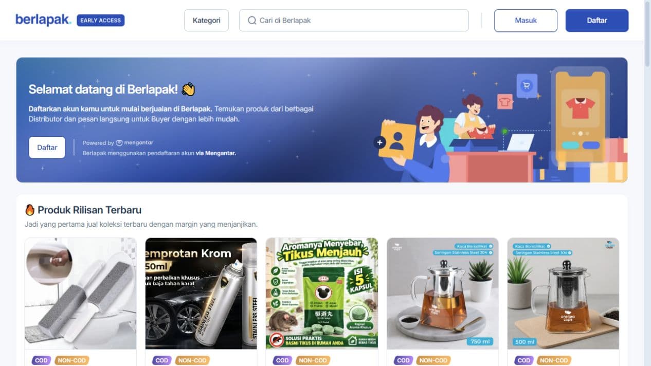 Berlapak seller storefront with product listings and COD options
