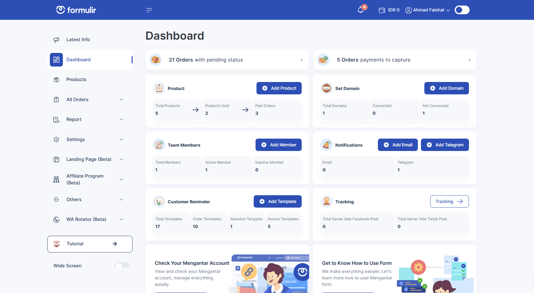 Formulir dashboard showing orders, products, domains, team members and customer reminders